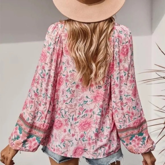 SOLD OUT Pink Floral Bohemian Peasant Blouse - Picture 4 of 5